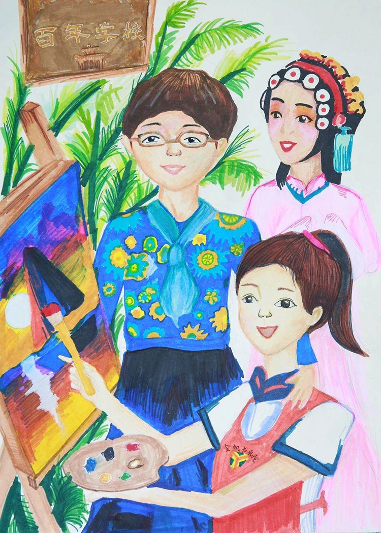 灯市口小学学生人物彩绘作品，锦连环学校文化建设