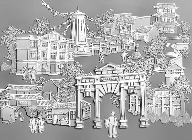 黑白线描古建筑长卷插画作品,云端毕业展设计鉴赏