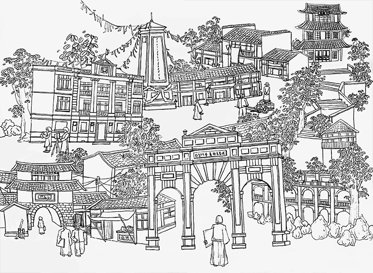 黑白线描古镇街景插画作品,云端毕业展设计鉴赏