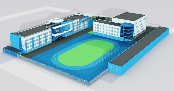 北航实验学校小学部蓝色建筑与操场鸟瞰效果图,锦连环校园环境建设