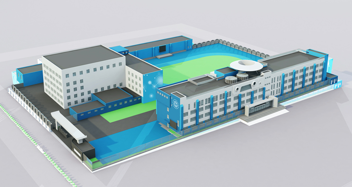 北航实验学校小学部蓝顶建筑鸟瞰效果图,锦连环校园环境整体规划
