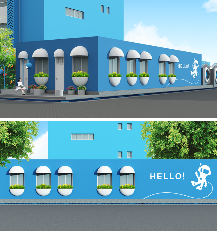 北航附小蓝色楼体外立面HELLO设计效果图,锦连环校园环境建设