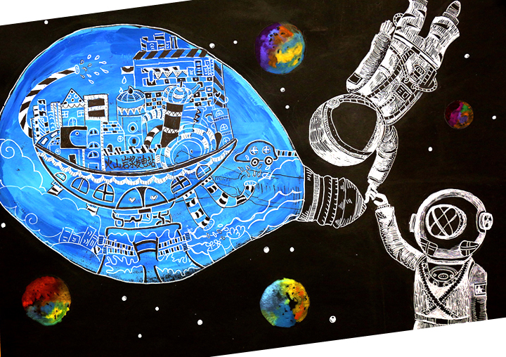 北航附小学生科幻绘画，宇航员与城市飞船遨游星空，校园航天文化教育成果