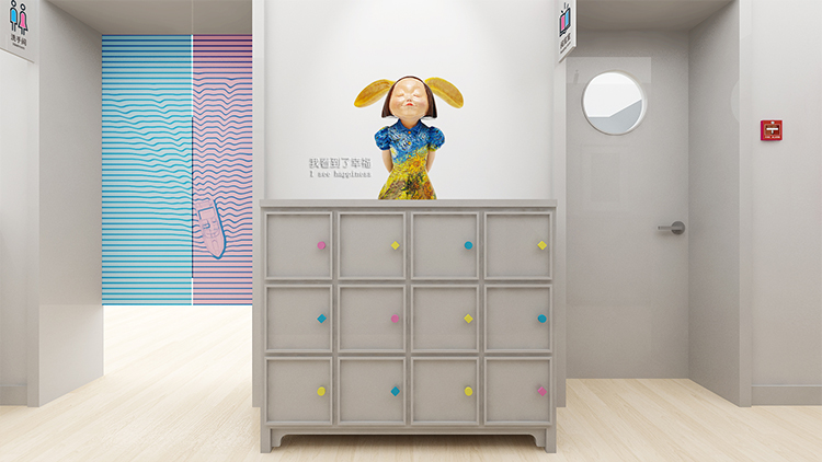 恩济里幼儿园走廊储物柜上女孩造型摆件与圆形窗洞，初色文化童趣空间设计