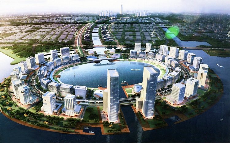 河南郑州北龙湖城市新兴区域整体鸟瞰效果图，现代建筑群环绕，启佳学校择址于此