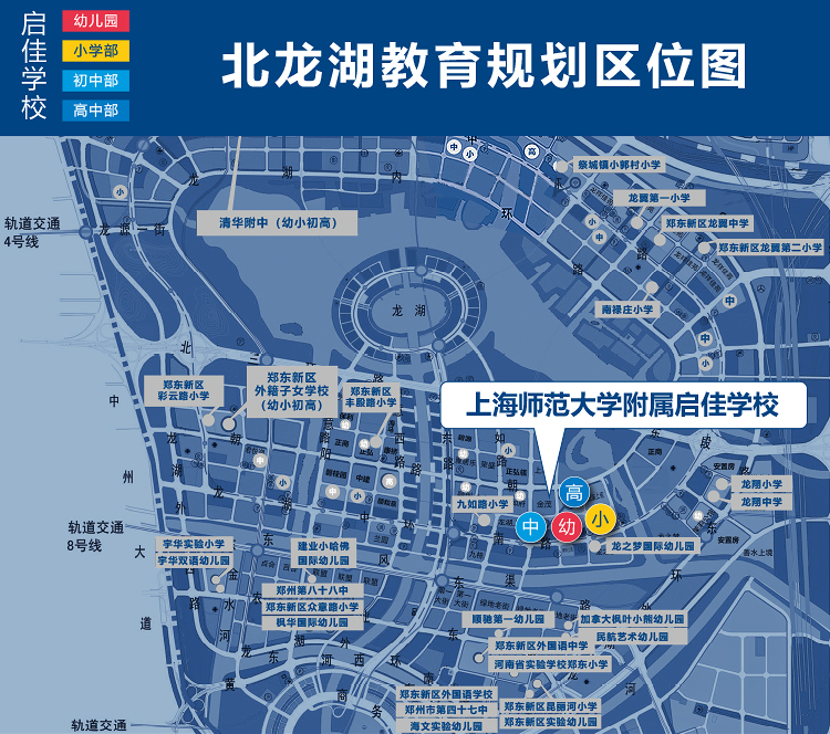上师大附属启佳学校北龙湖教育规划区位图，蓝色地图标注学校所处郑东新区核心地段
