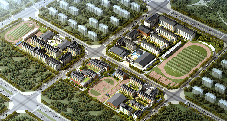 上师大附属郑州启佳学校校园建筑鸟瞰效果图，现代化教学楼群与绿化景观布局规划