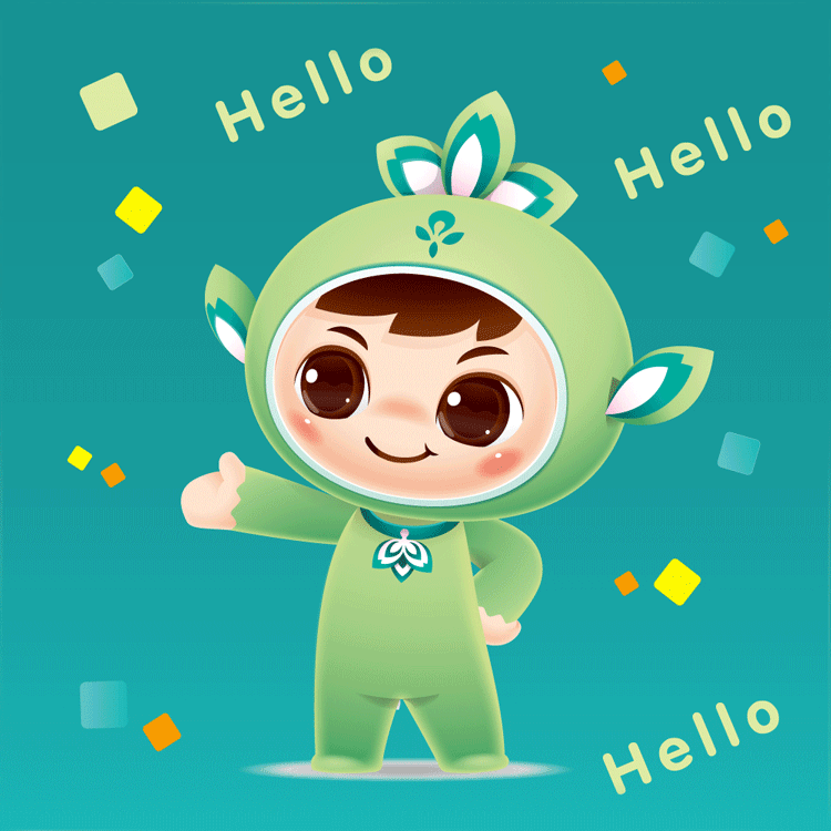 北医附小绿色吉祥物贝贝挥手打招呼Hello造型,展现活泼亲和的校园IP形象设计