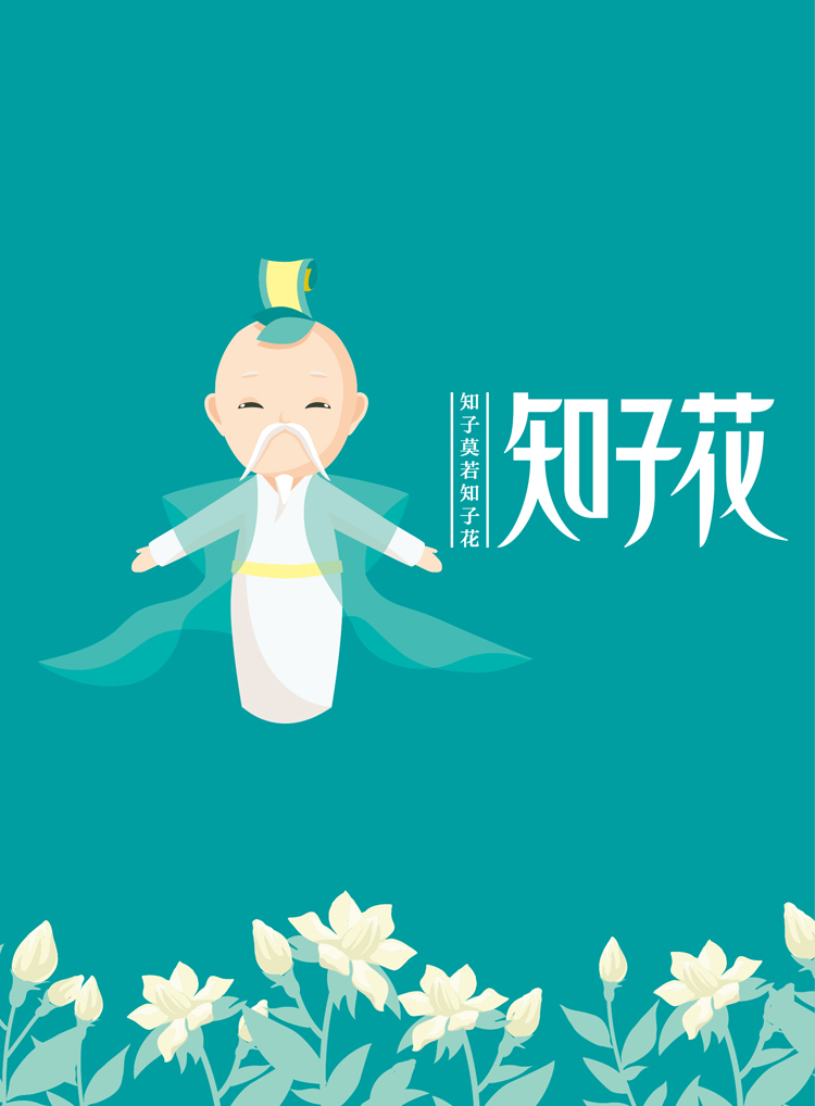 锦连环原创教育品牌知子花卡通形象,诸子百家造型搭配栀子花插画,呈现品牌命名设计