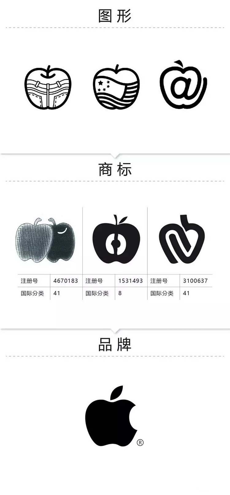 图形到商标再到品牌的演进示意图,以苹果图形与商标注册号举例,最终成为Apple品牌标志