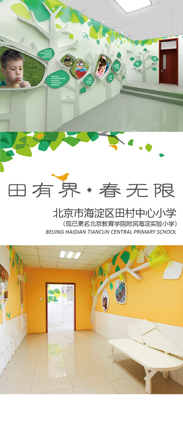 北京市海淀区田村中心小学'田有界 春无限'主题走廊,绿树飞鸟墙面装饰校园文化设计