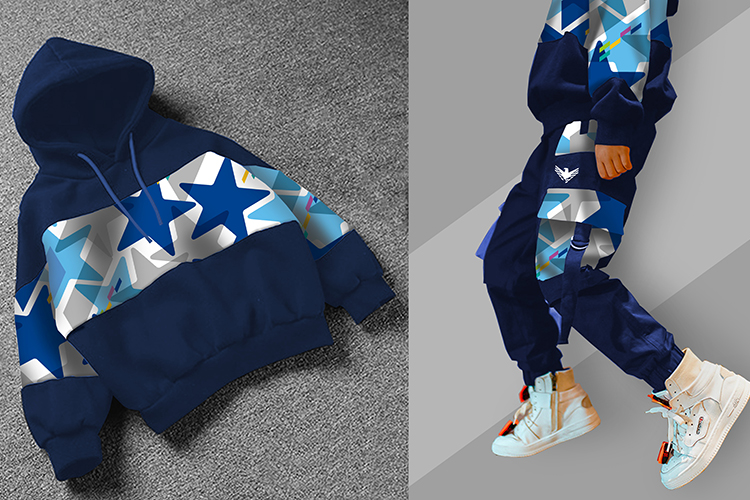 育鹰小学迷彩星纹校服设计,蓝色卫衣与运动裤展示校园文化延展应用