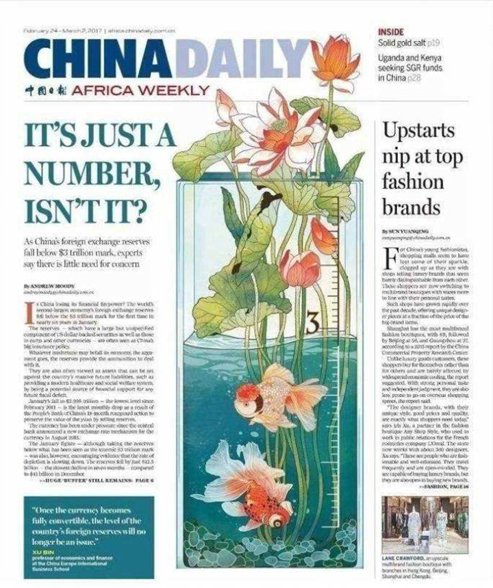 CHINA DAILY非洲版报纸设计,荷花金鱼插画搭配英文标题的获奖版面
