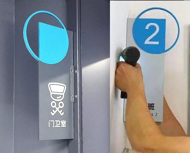 校园门牌与楼层导视设计，圆形数字标识应用于电梯门口的导视系统细节