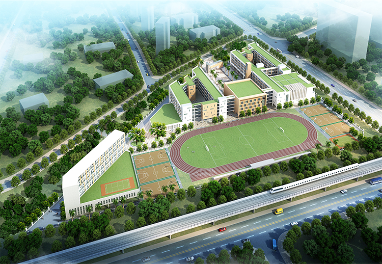 深圳龙华实验学校校园鸟瞰效果图,呈现整体规划布局与运动场地