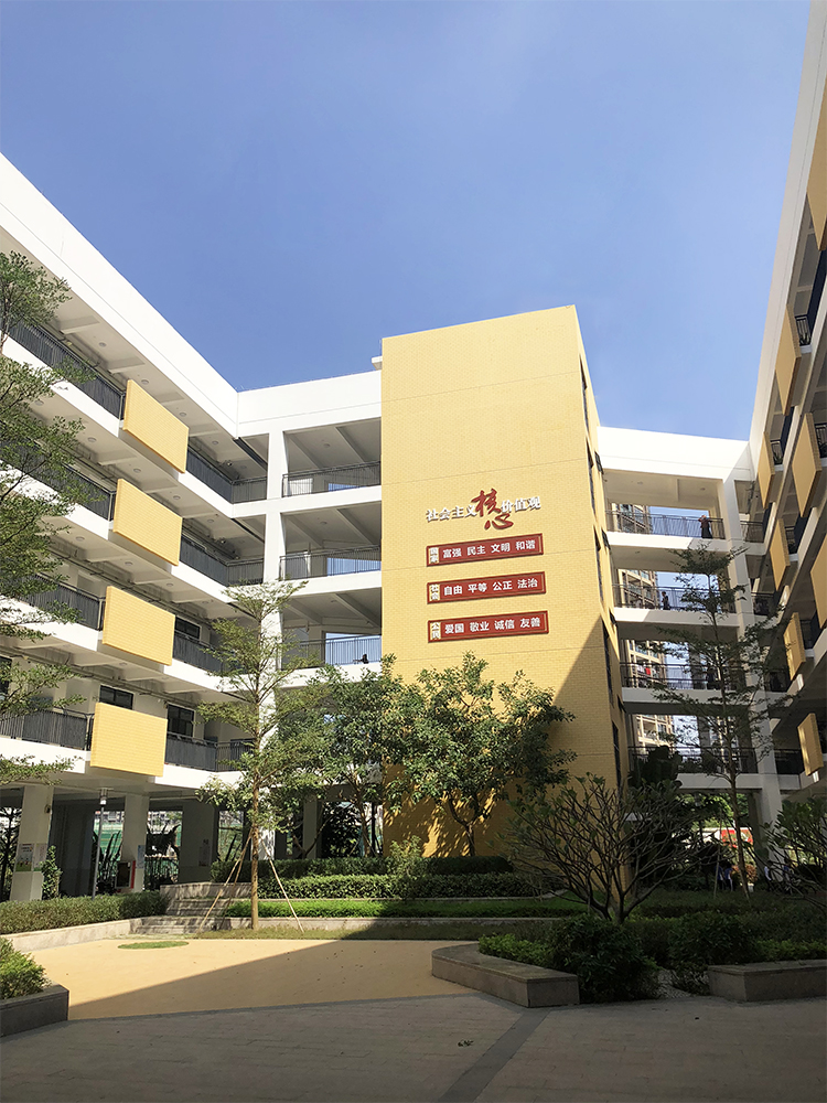 深圳龙华实验学校教学楼实景,另一角度的校园建筑与绿植景观