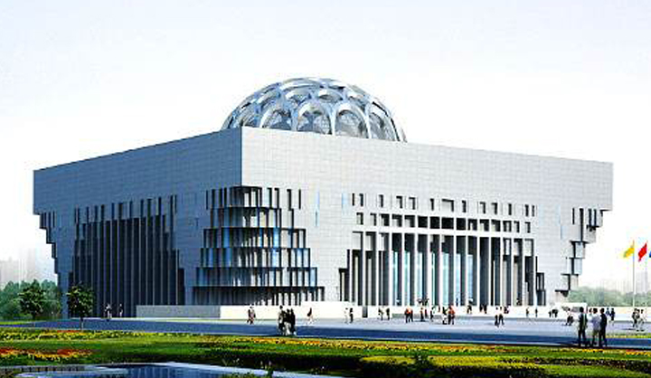 山东博物馆建筑实景，白色穹顶现代场馆外观与前广场