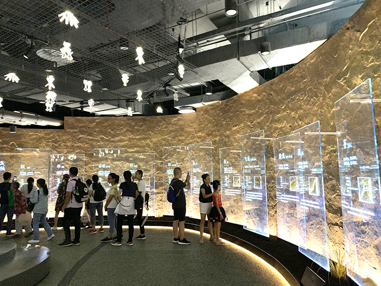 世园会植物馆金色镜面展厅，游客穿行其间参观，光影流转的沉浸式空间