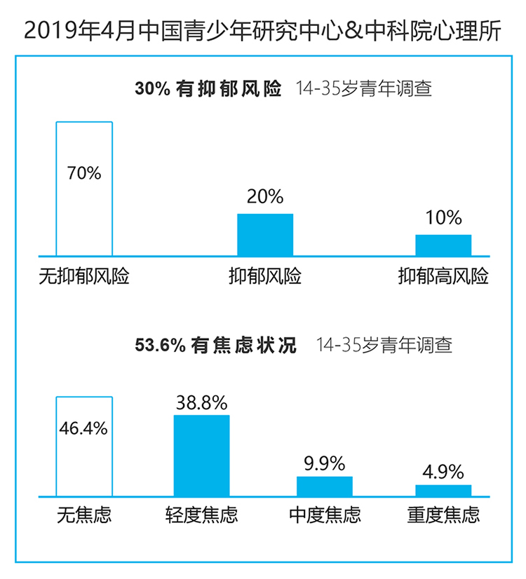 2019年中国青少年心理健康调查柱状图,展示青年抑郁风险与焦虑状况各等级占比数据