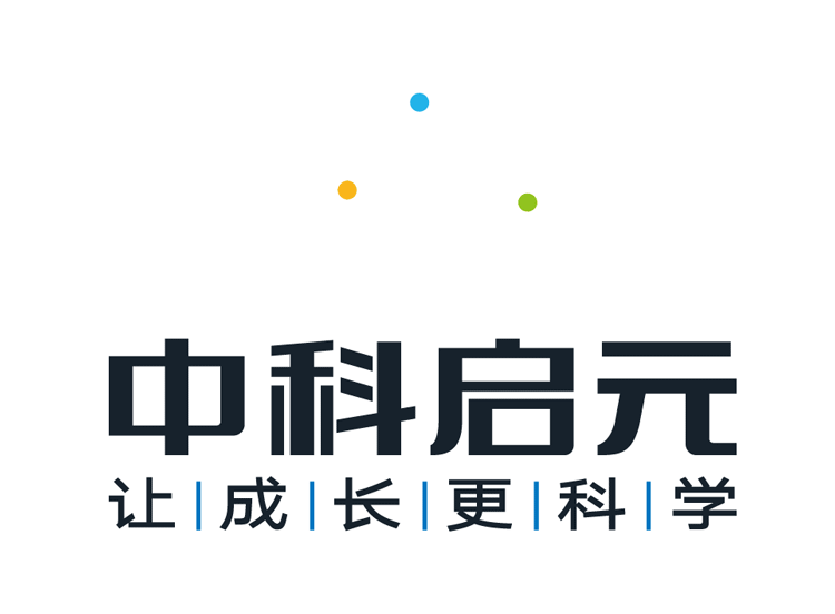 中科启元教育集团标志设计，深蓝V形图标搭配让成长更科学品牌口号，锦连环教育品牌设计