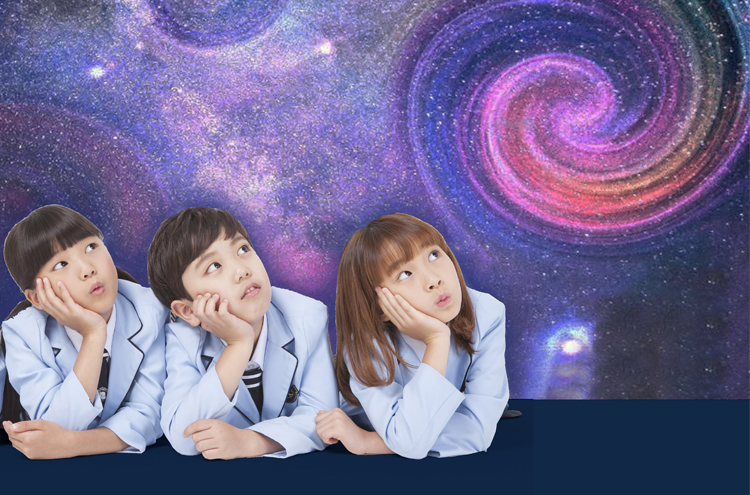 三名身着白衣的学生在星空银河背景下仰望思考，象征中科启元为未来赋能的科学探索精神