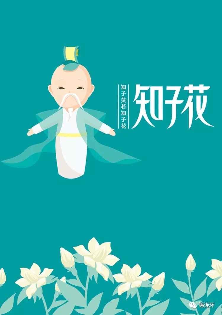 青绿背景上知子花古装拟人卡通形象与栀子花插画,演绎知子花教育品牌清新形象设计