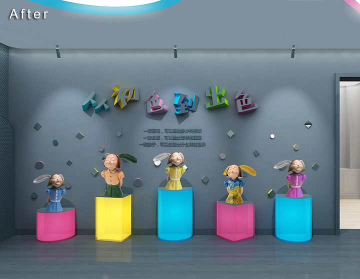 恩济里幼儿园改造后的儿童作品展示墙，彩色展台陈列幼儿艺术作品