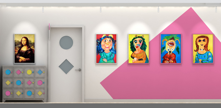 恩济里幼儿园房屋造型艺术墙，悬挂世界名画临摹作品的美术展示区