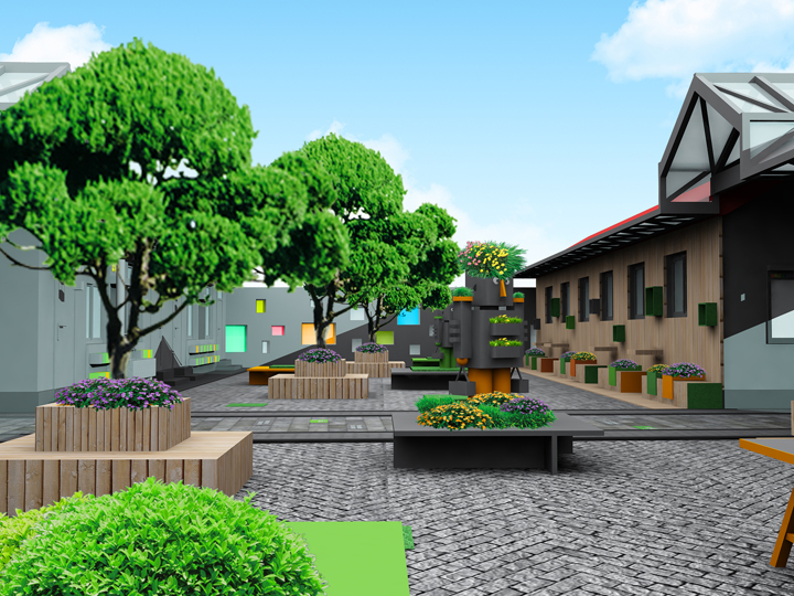 校园庭院造型绿植与建筑景观设计效果图展示