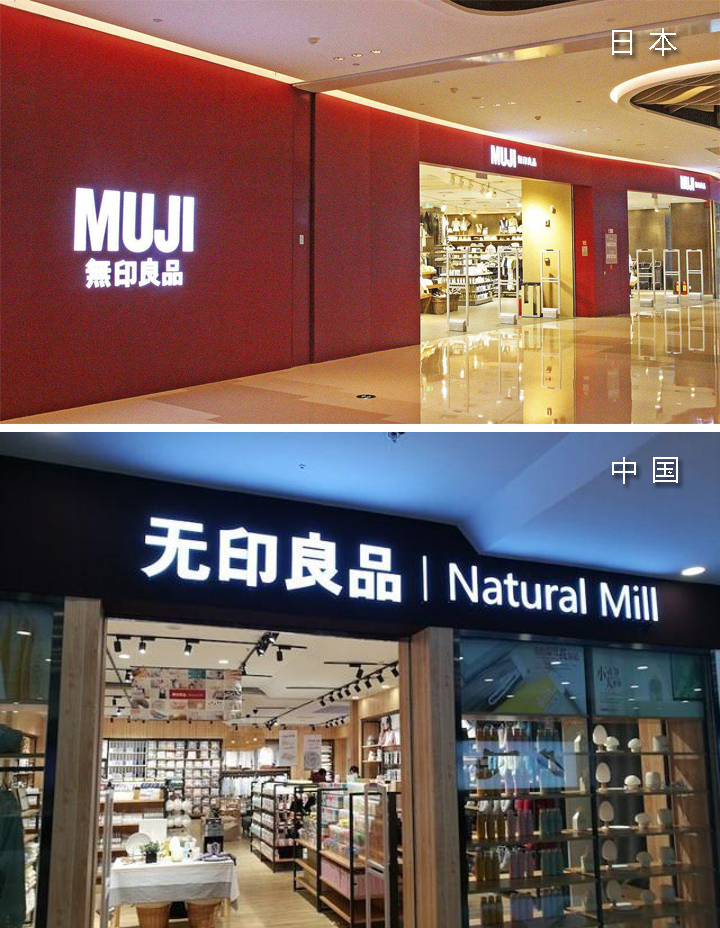 无印良品MUJI日本门店与中国NaturalMill招牌对比，呈现品牌商标在不同市场的差异