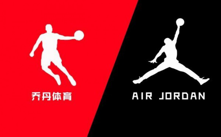 乔丹体育与AIRJORDAN篮球运动标志红黑对比，反映品牌商标侵权与识别话题
