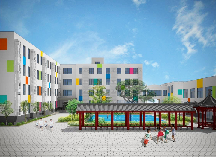 学校改造后侧面效果图，彩色窗户搭配连廊水景，校园环境建设设计