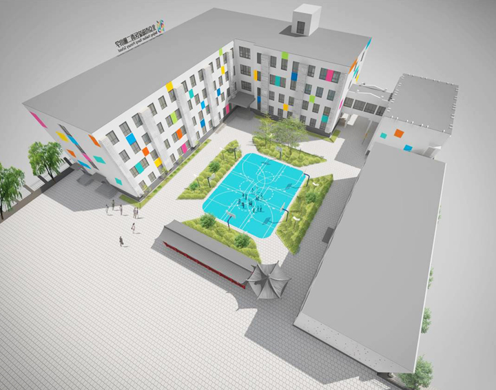 学校整体鸟瞰效果图，彩色教学楼环绕操场与泳池，校园环境规划设计