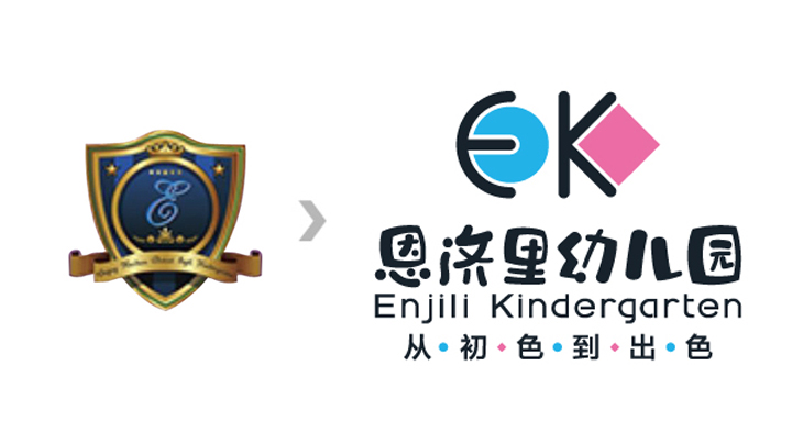 恩济里幼儿园EK校徽改版前后对比,从初色到出色主题,锦连环校徽设计