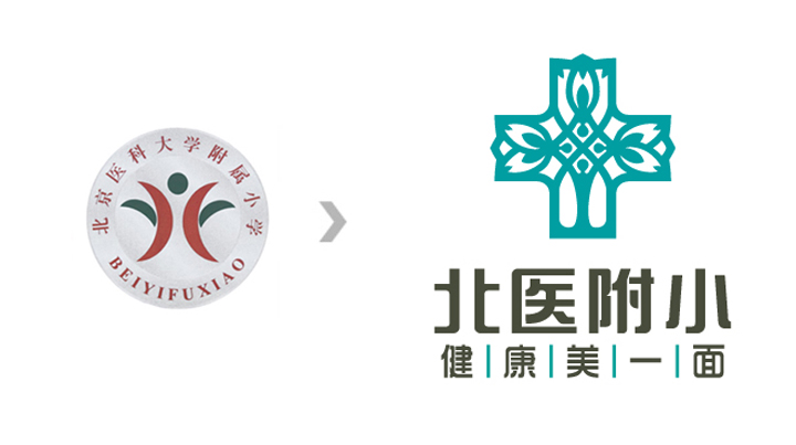 北医附小校徽改版前后对比,新版绿十字健康美一面主题,锦连环校徽设计