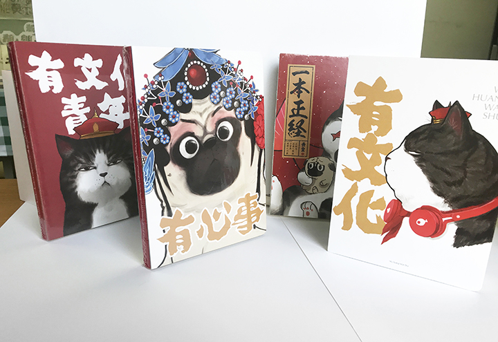 有文化猫咪主题文创卡片立架陈列，京剧脸谱猫等插画俏皮生动，掏出即让人会心一笑