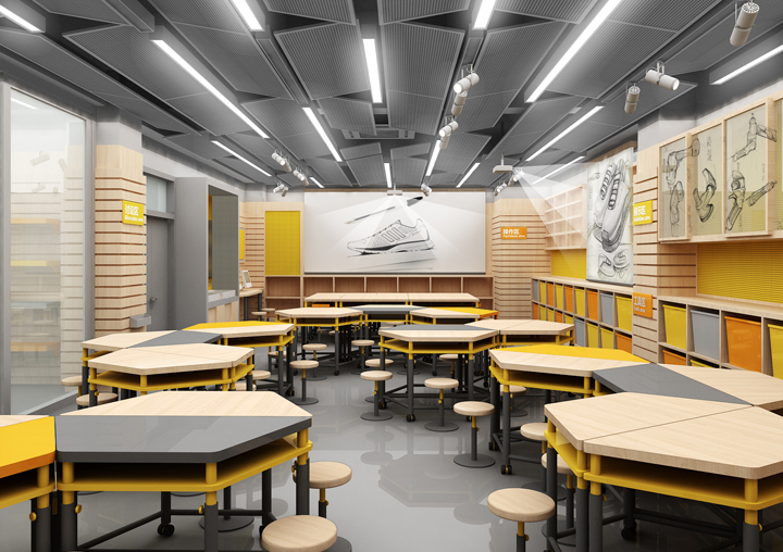 红英小学阅读用餐区，原木桌椅搭配创意墙面装饰，营造温暖明亮的阳光校园环境