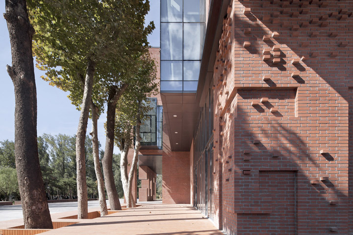 清华大学南区食堂红砖建筑一角与林荫树木,阳光下砖墙温润,营造朴素自然的校园文化环境氛围