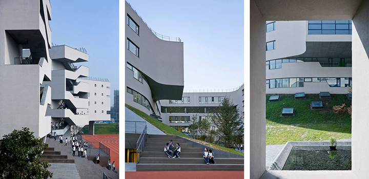北京四中房山校区多角度校园建筑实景拼图,混凝土与石材立面,展现绿色三星级校园文化建设成果