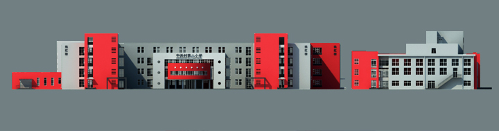 中关村第二小学百旺校区建筑立面设计图,红白灰真石漆外墙搭配校徽标识,展现锦连环教育品牌设计