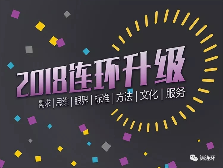 锦连环2018连环升级主题海报,深色背景紫色标题搭配需求思维眼界标准方法文化服务七大升级关键词,体现教育品牌设计升级