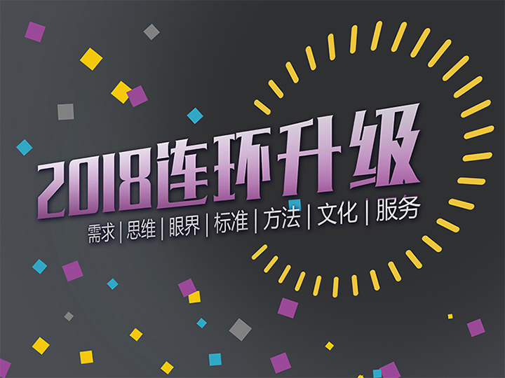 锦连环2018连环升级主题海报,深色背景紫色标题搭配需求思维眼界标准方法文化服务七大升级关键词