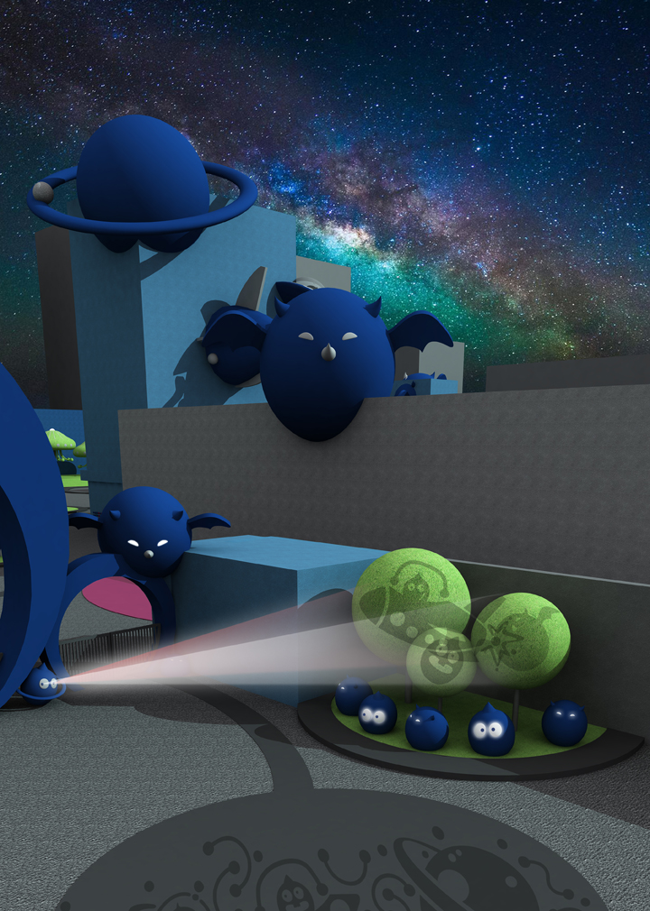 校园景观3D效果图,星空银河背景墙搭配蓝色卡通土星形象,中科大幼儿园科技主题环境设计