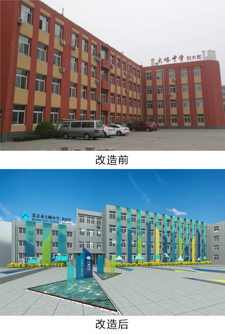 教学楼改造前后对比图，上为红砖旧楼下为蓝绿竖条装饰新立面，大峪中学校园升级改造