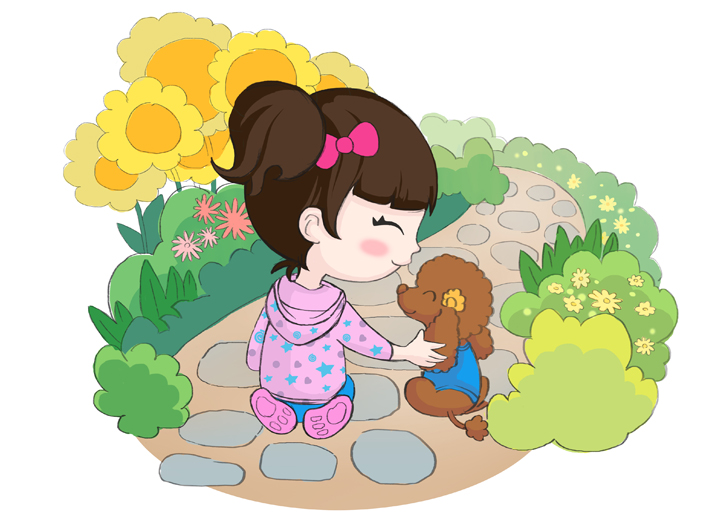 卡通插画，扎蝴蝶结的小女孩在花丛石径间与小狗亲昵玩耍，陪伴主题