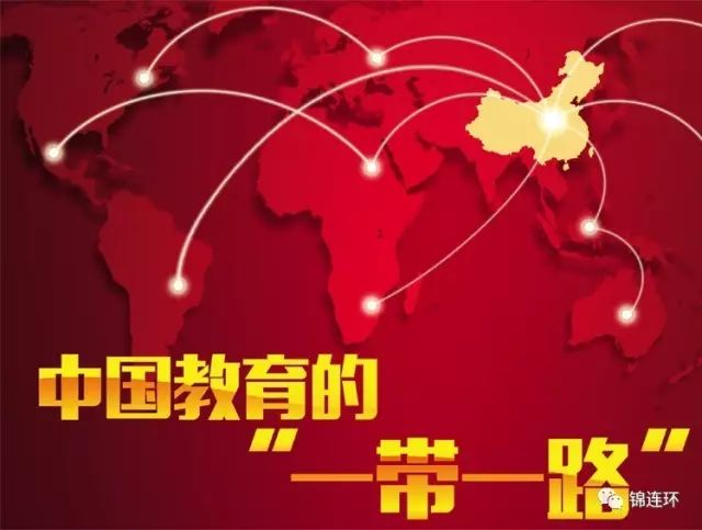 红色世界地图，中国以金色高亮并以白色弧线连接全球各地，'中国教育的一带一路'主题配图