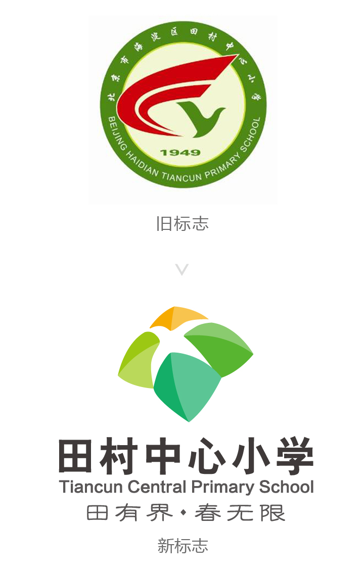 田村中心小学校徽标志设计,圆形飞鸟绿叶图形与中英文校名的标志组合