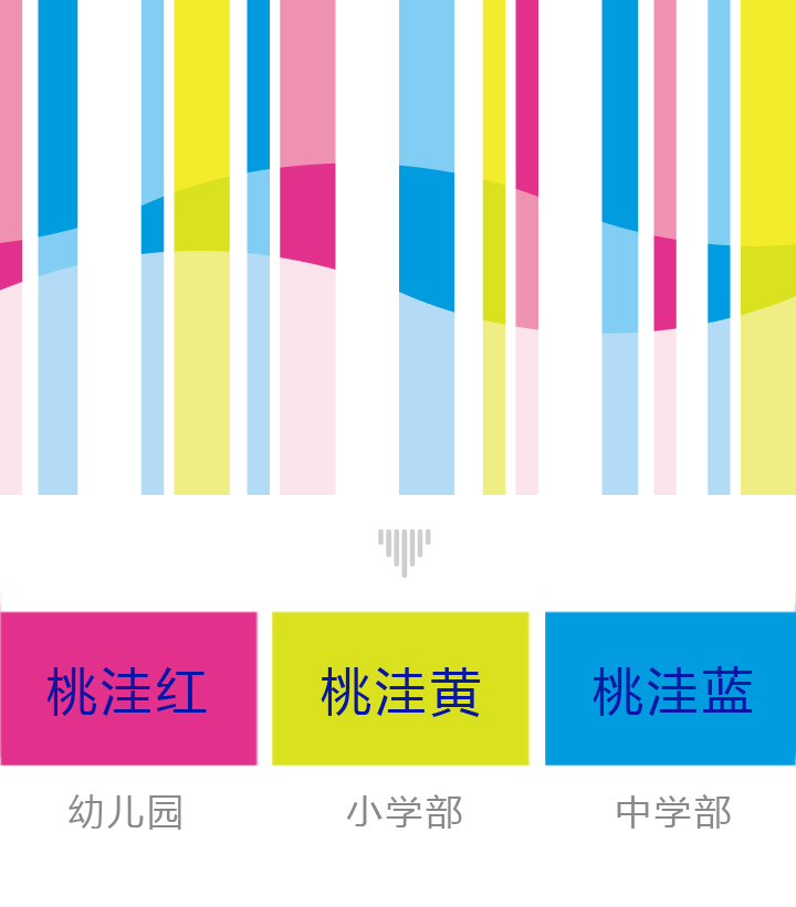 锦连环为桃洼学校设计的桃三彩色彩系统,桃洼红黄蓝分别对应幼儿园小学部中学部VI系统