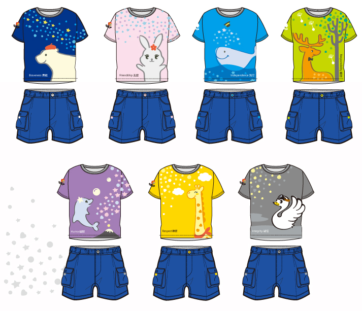 锦连环为红英小学设计的校服方案，多色T恤与短裤展示教育品牌设计的视觉识别