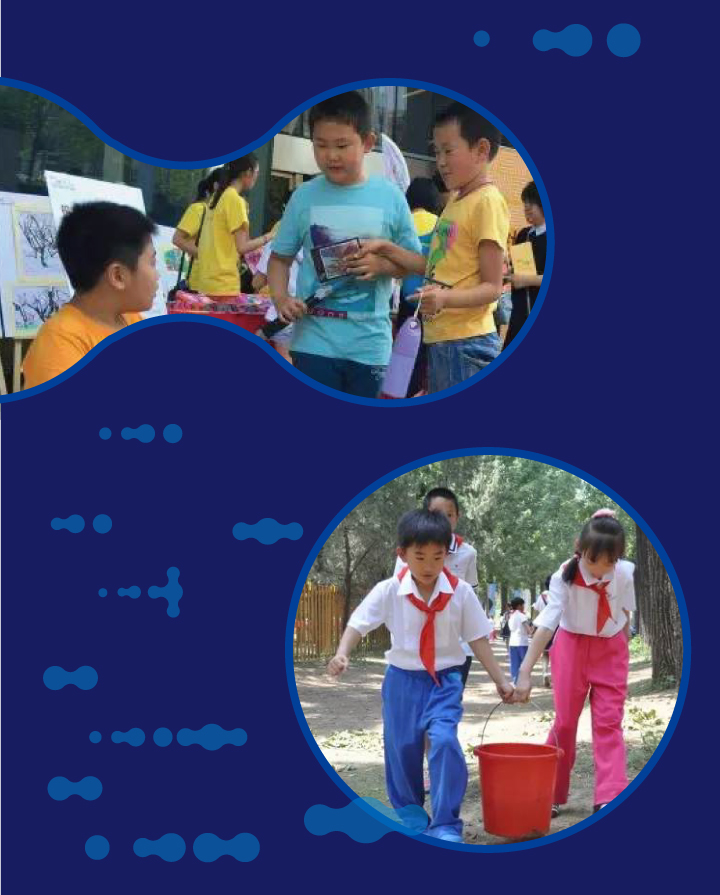 深蓝背景圆形照片展现海淀实验二小学生实验与校园活动,体现实验文化办学特色